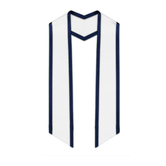 White Slanted Graduation Stole with Navy Blue Trim - Graduation Gown