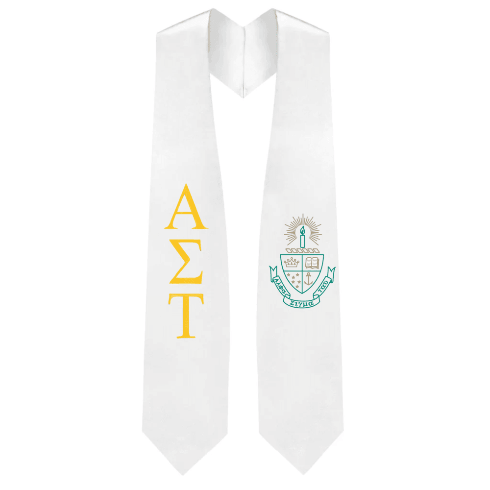 Alpha Sigma Tau Greek Lettered Graduation Stole w/ Crest - Graduation Gown