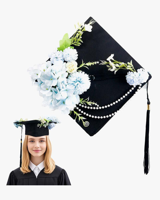 High School & Bachelor Matte Graduation Cap with Flower Decoration - 3 Colors Available - Graduation Gown