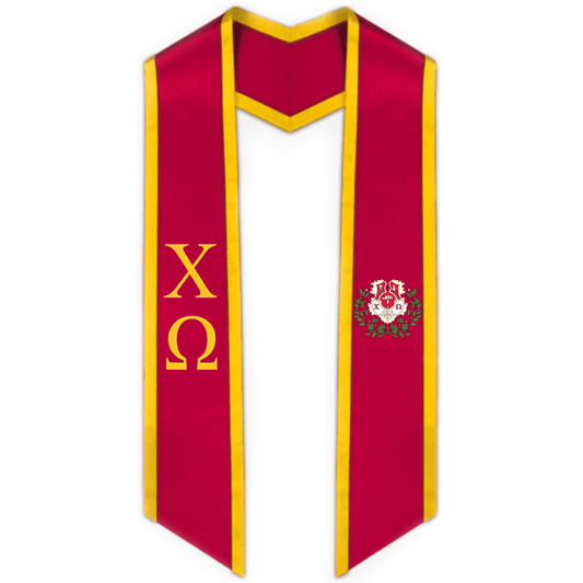 Chi Omega Trimmed Greek Lettered Graduation Stole w/ Crest - Graduation Gown