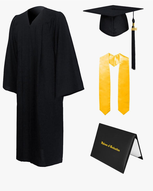 High School Premium Matte Graduation Cap, Gown, Stole & Imprinted Diploma Cover Package - Graduation Gown