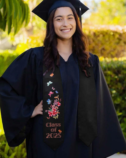 Class of 2025 Adults Floral Imprinted Graduation Stoles with Classic End - 2 Colors Available - Graduation Gown