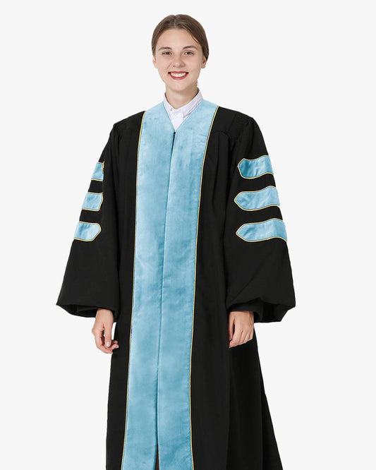 Deluxe Doctoral Gown Tam - Light Blue Trim with Gold Piping - Graduation Gown