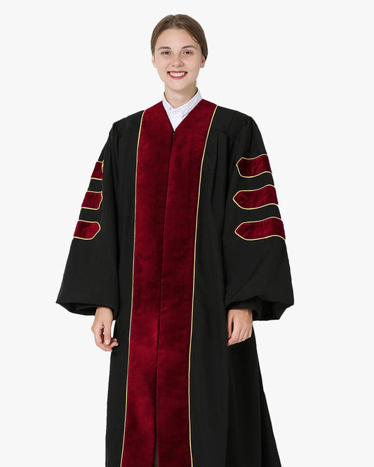 Deluxe Doctoral Graduation Gown and Cap Tam - Scarlet Trim with Gold Piping - Graduation Gown
