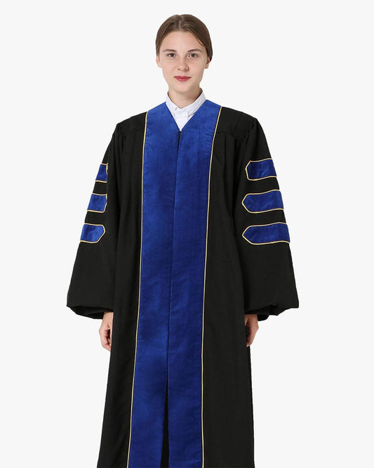 Deluxe Doctoral Academic Gown Only - PhD Blue with Gold Piping - Graduation Gown