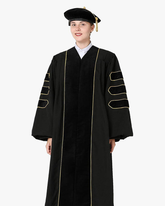 Deluxe Doctoral Gown Tam - Black Trim with Gold Piping - Graduation Gown