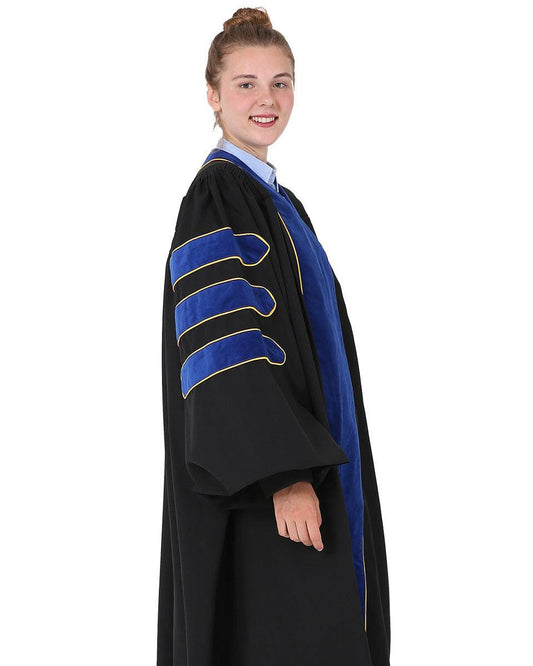 Deluxe Doctoral Gown Tam - PhD Blue Trim with Gold Piping - Graduation Gown