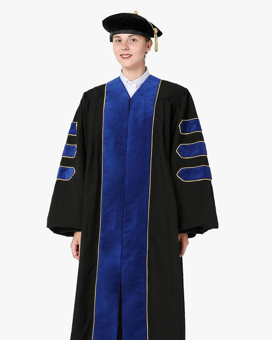 Deluxe Doctoral Gown Tam - PhD Blue Trim with Gold Piping - Graduation Gown