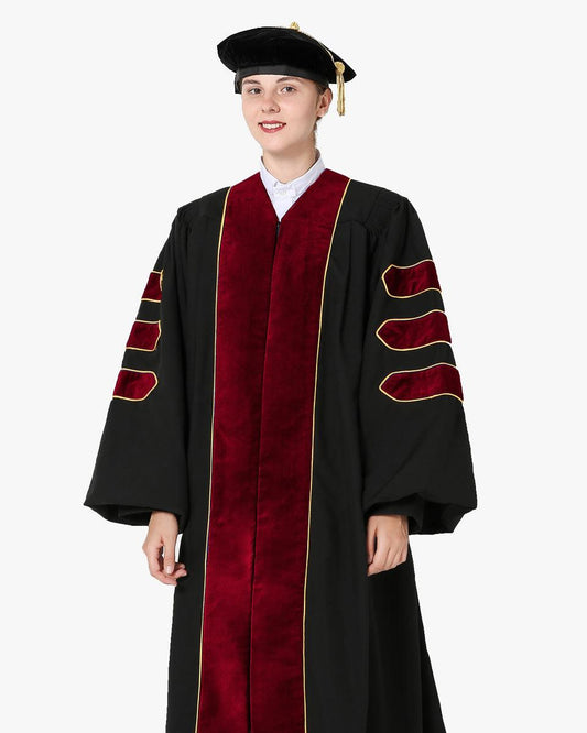 Deluxe Doctoral Graduation Gown and Cap Tam - Scarlet Trim with Gold Piping - Graduation Gown