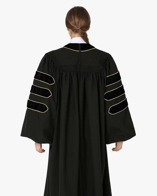 Deluxe Doctoral Academic Gown Only - Black with Gold Piping - Graduation Gown 