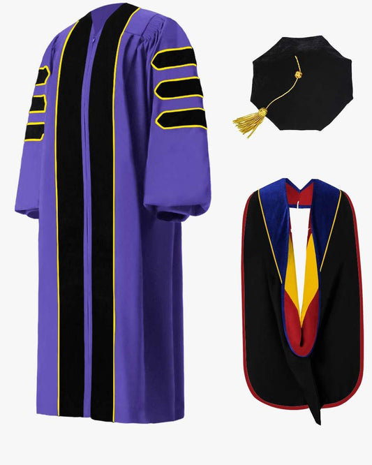 Custom Deluxe Split Velvet Doctoral Gown, Tam & Hood Package - Graduation Gown 