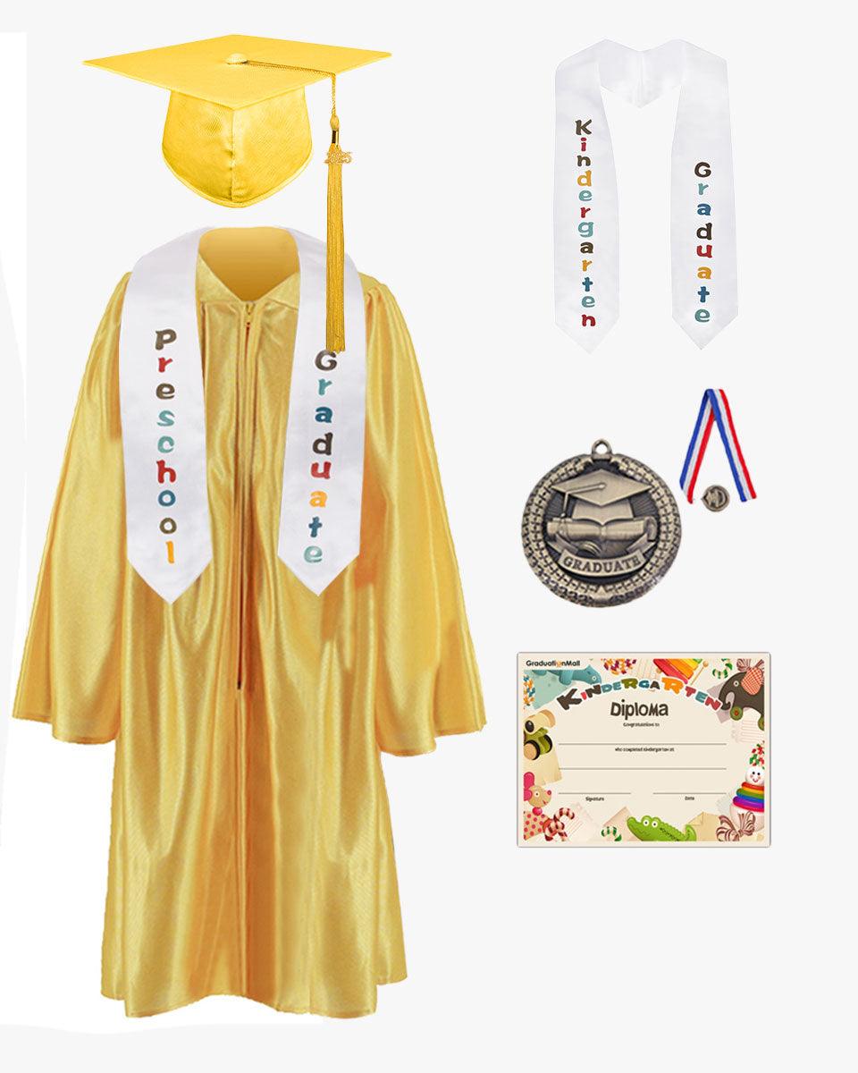 Shiny Kindergarten Graduation Cap, Gown, Stole, Diploma & Medal Package - Graduation Gown 