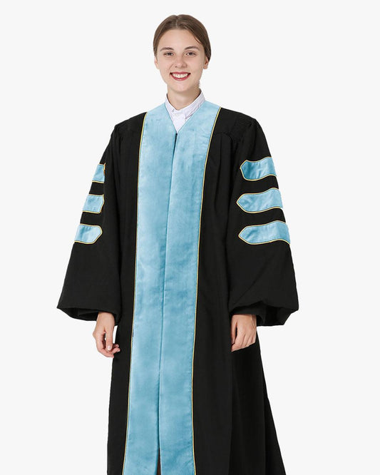 Deluxe Doctoral Academic Gowns - Light Blue with Gold Piping - Graduation Gown 