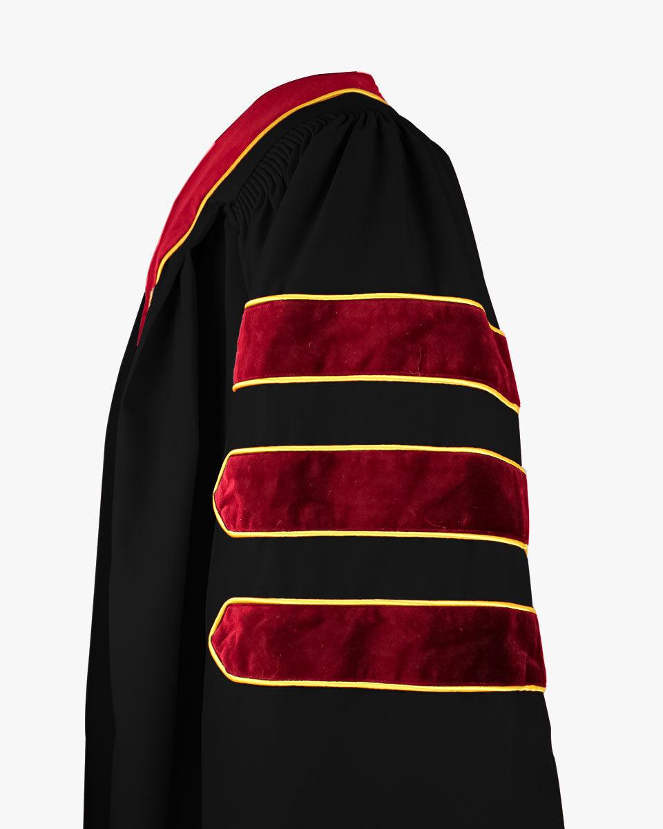 Deluxe Doctoral Graduation Gown and Cap Tam - Scarlet Trim with Gold Piping - Graduation Gown 