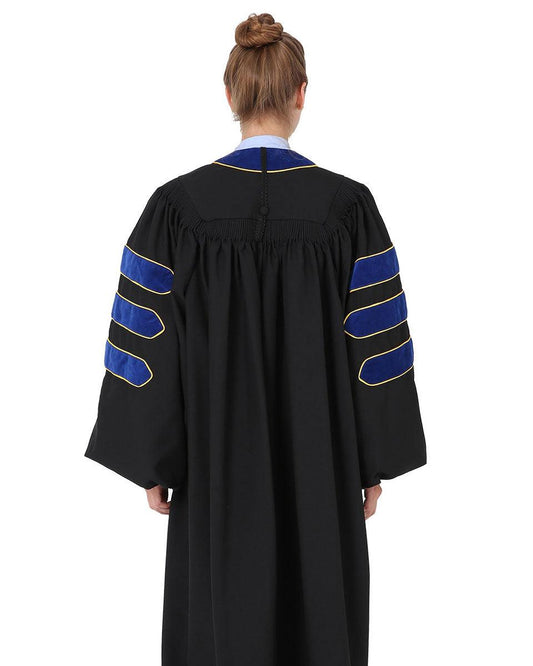 Deluxe Doctoral Academic Gown Only - PhD Blue with Gold Piping - Graduation Gown 
