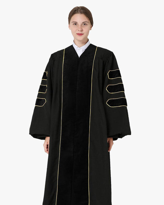 Deluxe Doctoral Academic Gown Only - Black with Gold Piping - Graduation Gown 