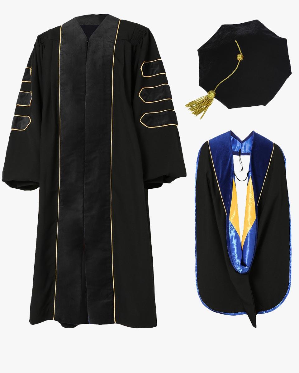 Deluxe Doctoral Tam, Gown & Hood Package - Black - Graduation Gown 