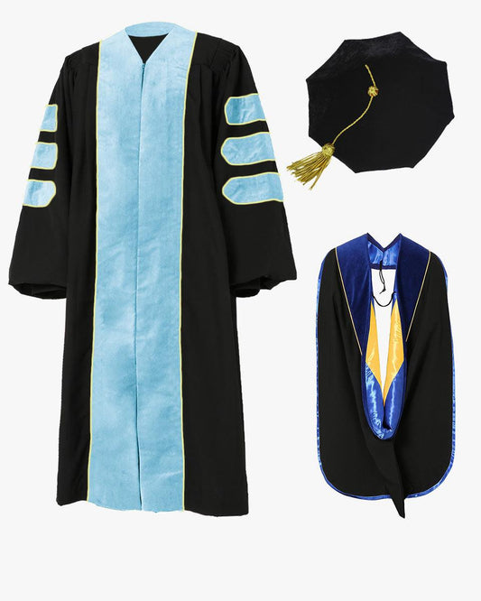 Deluxe Doctoral Tam, Gown & Hood Package - Light Blue - Graduation Gown 